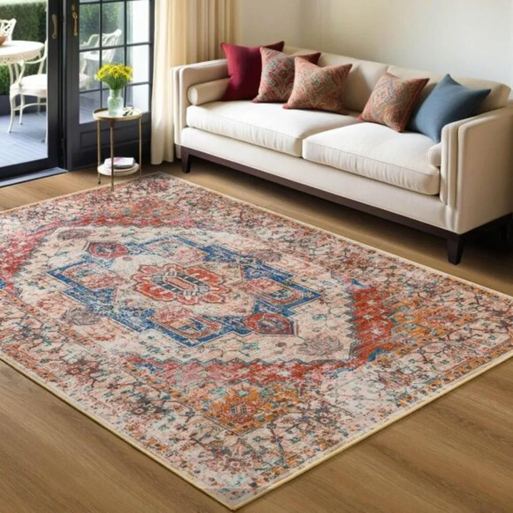 New 5x8 Orange Boho Area Rug, Washable, Low Pile, Vintage Floral Carpet for Home